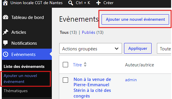 Menu et bouton: Ajouter un évènement