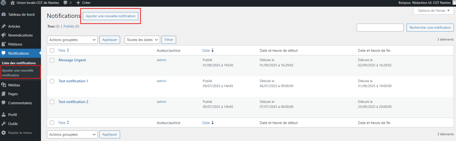 Menu et bouton: Ajouter une notification