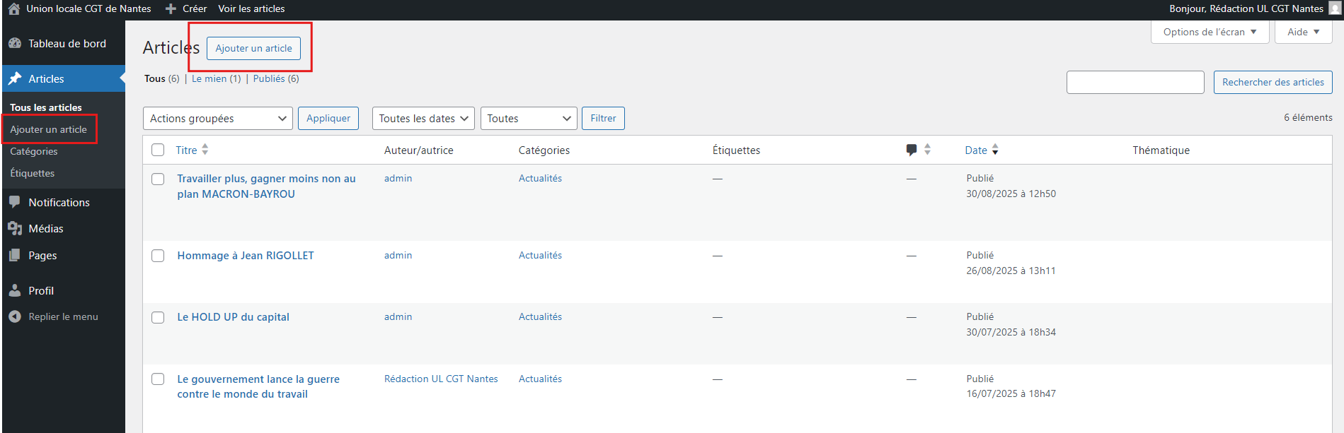 Menu et bouton: Ajouter un article