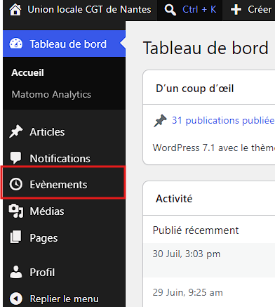 Menu: « Évènements »