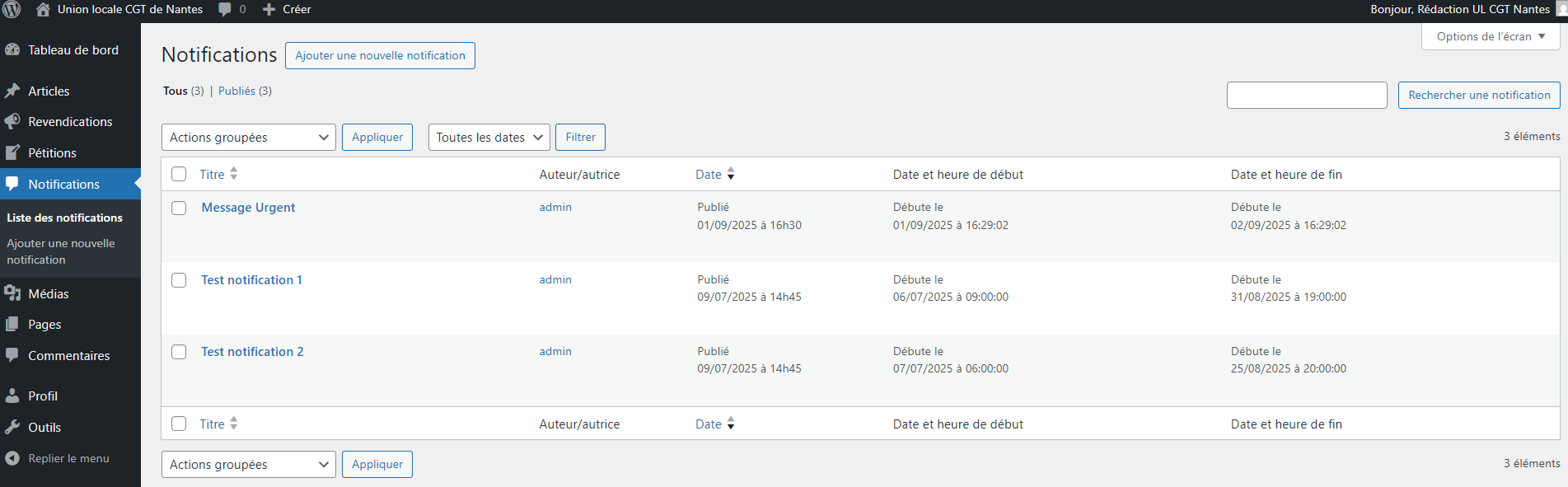 Menu: Liste des notifications