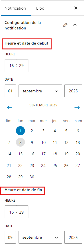 La configuration de la notification